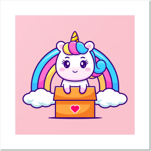 Cute Unicorn In Box With Rainbow Cartoon Posters and Art